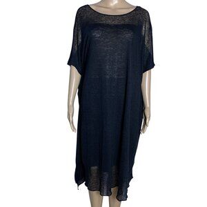 Mina Perhonen Linen Sheer Tunic Dress Black Oversized Kaftan Midi Japan Designer